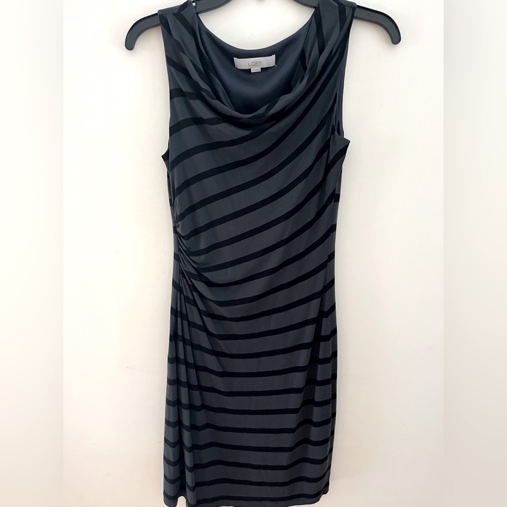 LOFT Black and Gray Cowl Neck Sheath Midi Dress